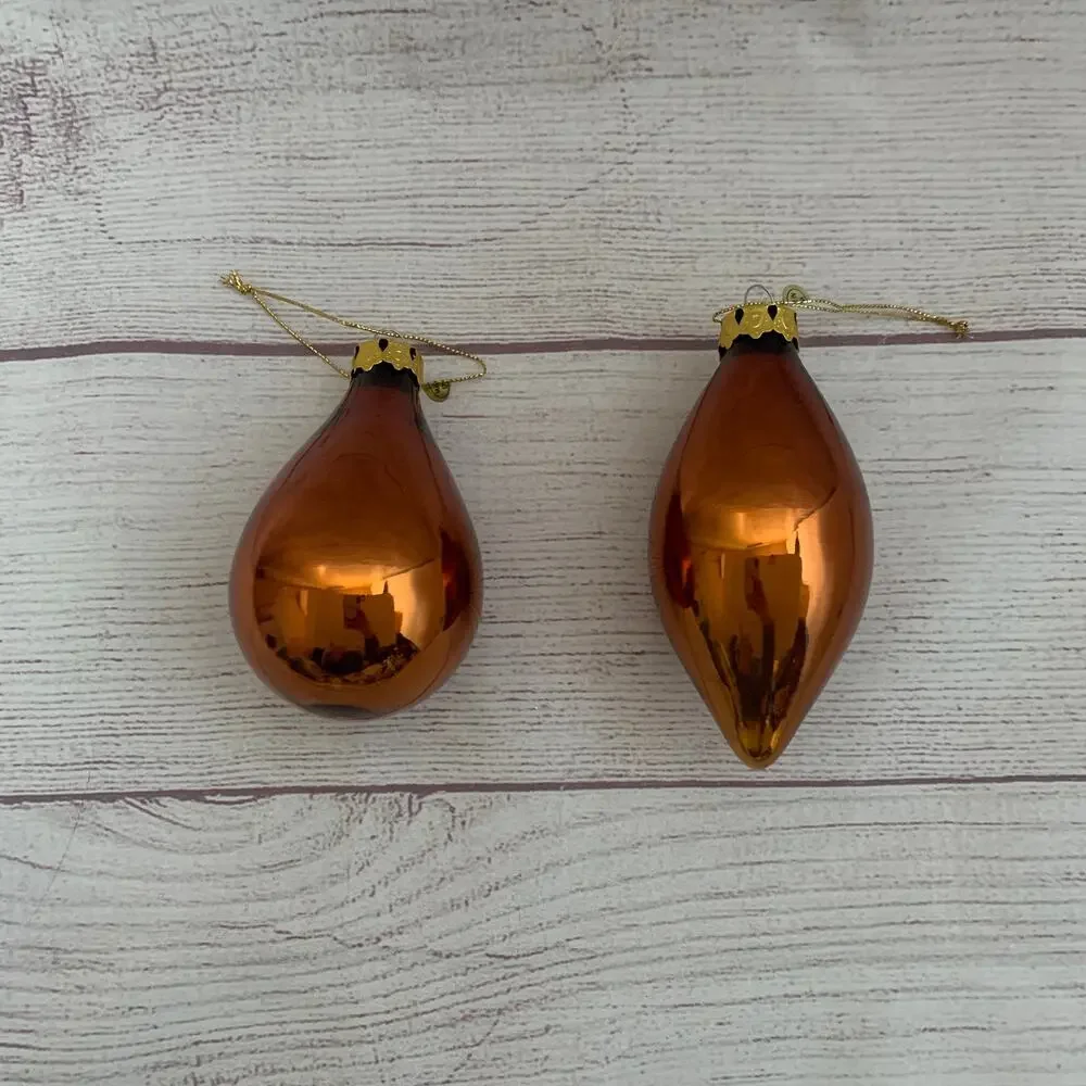 Vintage Glass Ornaments Set of 2 Brown Gold Drop Teardrop Christmas Tree